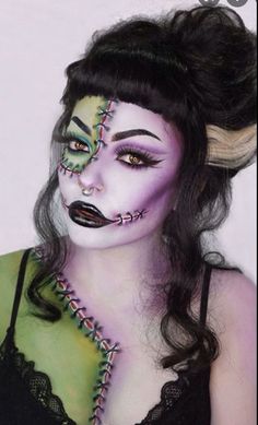 Zombie Witch Makeup, Zombie Glam Makeup, Halloween Frankenstein Makeup, Creepy Halloween Makeup Ideas Scary, Frankenstein Makeup Female, Halloween Makeup Green, Cute Zombie Makeup