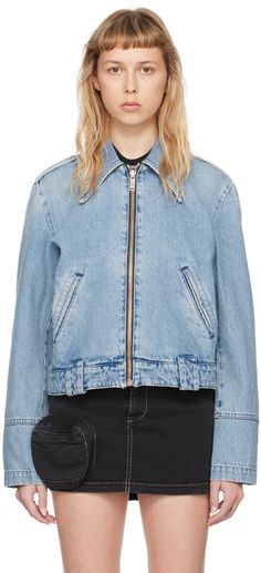 Non-stretch denim jacket. Fading throughout. · Spread collar · Zip closure · Welt pockets · Belt loops at hem · Zip vent at cuffs Supplier color: Dusty Blue Women Jean Jacket, Diesel Denim Jacket, Style Androgyne, Denim Biker Jacket, Biker Denim, Denim Sweatshirt, Mongolia, Cropped Denim, Casual Jacket