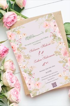 Personalized Light Pink Floral Nikkah Digital Muslim Wedding Invitation Card, Islamic Wedding Invite, E-vite Card + QR code Muslim Wedding Card Design Unique, Simple Wedding Invitation Card, Muslim Wedding Cards, Card Inspo, Frame Ideas, Islamic Wedding, Wedding Invitation Card, Simple Wedding Invitations