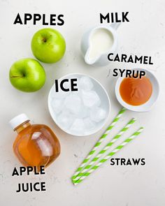 apples, milk, caramel syrup, and apple juice are labeled in the following words