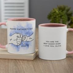 * Personalize with any greeting, title, child's name and year * Back side will include any 7 line message   * 11 oz. Ceramic Coffee Mug features classic mug shape and stands 3 3/4 tall * Features PINK handle, rim and inside, white outside * Microwave safe; dishwasher safe * Note: Space next to handle will remain white * Imported Give him a gift to celebrate his first year as a dad with our First Father's Day Fist Bump Personalized Coffee Mug! Personalization Mall, First Fathers Day Gifts, Personalized Fathers Day Gifts, Fist Bump, First Fathers Day, Personalized Coffee Mugs, Father's Day Gifts, Happy Father, Happy Fathers Day