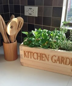 two wooden utensils are sitting next to a garden box with herbs in it