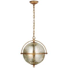 a light fixture hanging from the ceiling with chain around it and a glass ball on top