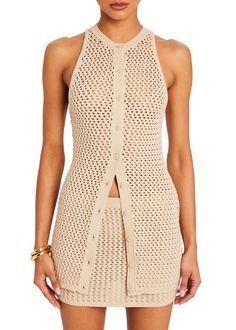 Long, button up knit crochet sleeveless top. Pair with the Bambi Crochet Skirt. Shown here in Linen Beige. Crochet Sleeveless Top, Knit Shoes, Knit Outerwear, Spring Capsule Wardrobe, Crochet Skirt, Crochet Vest, Shoes Heels Wedges, Weekend Wear, Knit Tanks