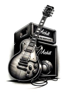 A Gibson Les Paul electric guitar and a Marshall stack amplifier. Rock And Roll Drawings, Guitar Amp Tattoo, Gibson Les Paul Tattoo, Les Paul Tattoo, Rock Tattoo Ideas, Electric Guitar Tattoo, Guitar Design Ideas, Slash Guitar Wallpaper, Electric Guitar Drawing