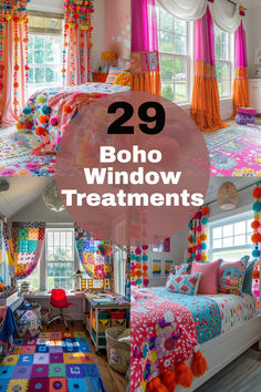 colorful bedroom with the words 29 boho window treatments in front of it and an image of