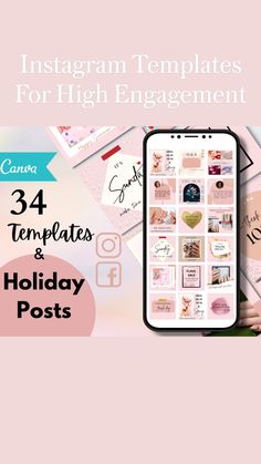 a person holding up a phone with the text, 34 templates and holiday posts