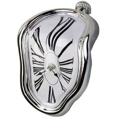 a silver clock with black and white designs on it's face is shown against a white background