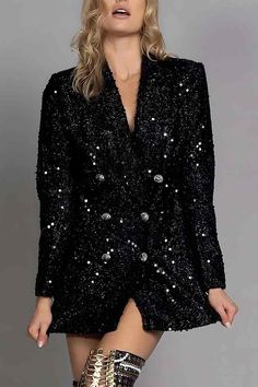 Features Of Black Sparkly Blazer 💖1.Sparkling Black SequinsThe timeless appeal of black is elevated in this blazer adorned with shiny black sequins. These sequins sparkle like stars in the night sky under the light, making it a wardrobe essential.💖2.Double-Breasted ChicThe double-breasted silhouette of the black sparkly blazer not only exudes a classic and chic aura, but its slim fit also flatters your figure. The V-neck design adds a touch of sophistication, making you visually appealing.💖3.Multi-Functional Wardrobe EssentialThis sequin blazer is versatile, suitable for various occasions, whether it's a formal event or a night out. Pair it with tailored pants for a professional look or layer it over a sequin dress for a fashion-forward appearance.💖4.Modern Interpretation of a ClassicT V-neck Party Blazer With Buttons, Glamorous Long Sleeve Embellished Blazer, Black V-neck Blazer For Party, Winter Black Embellished Blazer, Glamorous Fitted Blazer With Contrast Sequin Details, Black V-neck Party Blazer, Glamorous Fitted Blazer With Contrast Sequin, Black Blazer For Party Season Workwear, Winter Embellished Black Blazer