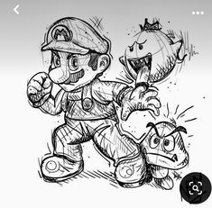 an ink drawing of mario and luigi