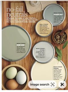 an advertisement with eggs and paint colors on it's side, including neutrals