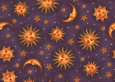 an image of the sun and moon with numbers on them in purple, yellow and orange