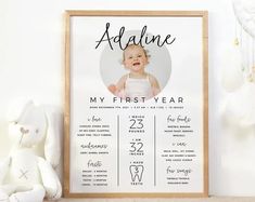 a baby's first year poster is displayed next to a teddy bear