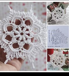 crocheted snowflakes are shown with instructions to make them