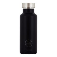 thermo stainless steel water bottle in black with silver lid and metal spout