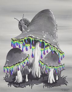 a drawing of a mushroom covered in colorful liquid drops and a snail on top of it