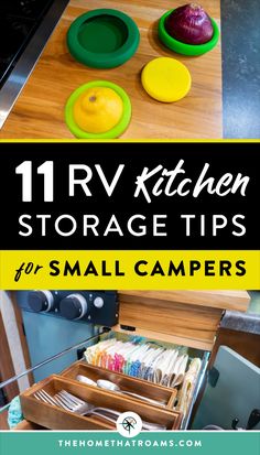 small camper with the words rv kitchen storage tips for small campers