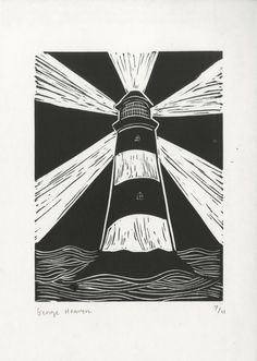 a black and white drawing of a lighthouse with rays coming out of it's top