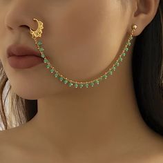 Non Piercing Nose Rings With Chain Nose To Ear Goldtone Green Stones Material: High Quality Of Alloy And Bead Measurement: The Length Is About 6 Inches We Aren't Dragon Our Feet When It Comes To Your Order! Pictures May Not Accurately Represent Size And/Or Color Due To Monitor Differences Stock Photo Is Used Please Leave Feedback Piercing Nose, Ear Chain, Body Chains, Fake Piercing, Nose Rings Hoop, Handmade Jewelry Designs, Nose Rings, Nose Piercing, Metal Bracelets