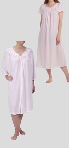 This Miss Elaine Classics set includes a beautiful pink robe and gown with intricate embroidery accents. The short sleeve gown and long sleeve robe have a scoop neckline and can be closed with buttons or pulled over the head. Both pieces are made of machine washable nylon and come in size S. The set also features a side pocket for added convenience. Perfect for any season, this robe and gown set is a classic addition to any sleepwear collection. The solid and embroidery pattern make it a timeless piece, while the comfortable and practical design ensures a good night's sleep. Don't miss out on this Miss Elaine Classics set! PLEASE ENLARGE PICTURES FOR CLOSER LOOK AND DETAILS! The set is new, never worn! Full-length Gown For Wedding Night, Elegant Short Sleeve Nightgown, Feminine Long Sleeve Gown, Pink Gown For Wedding Night, Feminine Pink Short Sleeve Nightgown, Short Sleeve Gown, Sleeve Gown, Women's Nightgowns, Practical Design