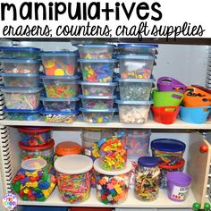 a shelf filled with lots of plastic containers and bins full of colorful beads, crayons, and other craft supplies