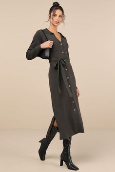 When it comes to autumn aesthetics we say the cozier the better, and that is why the Lulus Charming Comfort Dark Olive Collared Button-Up Sweater Dress is an optimal fall 'fit! This chic sweater knit dress starts with a classy collared neckline and long sleeves. A functional button placket and a front patch pocket accent the figure-flaunting bodycon silhouette that falls to a midi hem with twin side slits. A matching tying sash cinches at the waist for a perfect, adjustable fit! Fit: This garment fits true to size. Length: Mid-calf length. Size medium measures 48.5" from shoulder to hem. Bust: Great for any cup size. Waist: Not Fitted - comfortable room throughout midsection. Hip: Not Fitted - room for hips. Undergarments: May be worn with any standard bra. Fabric: Fabric is very stretchy. Olive Sweater Dress, Olive Sweater, Midi Sweater Dress, Chic Sweater, Collared Sweater, To Autumn, Fall Fit, Chic Sweaters, Comfortable Room