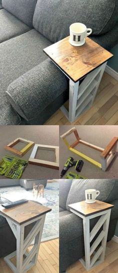 the diy sofa table is made out of pallet wood and has been turned into a coffee table