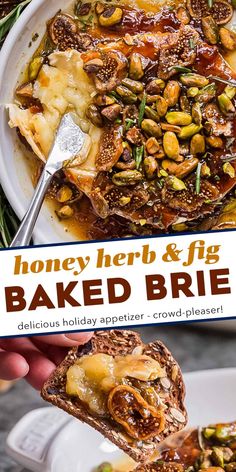 This honey herb and fig baked brie recipe is perfect for the holidays, or any party! A wheel of brie is topped with sweet fig jam, fresh rosemary, dried fig slices, salty pistachios, and sticky honey, then baked until perfectly gooey. Serve with baguette slices, apples, crackers, and more! Fig Jam Recipes Appetizers, Christmas Baked Brie Recipes, Christmas Baked Brie, Incredible Appetizers, Honey Baked Brie, Summer Apps, Melted Brie, Baked Brie Recipe, Dried Fig