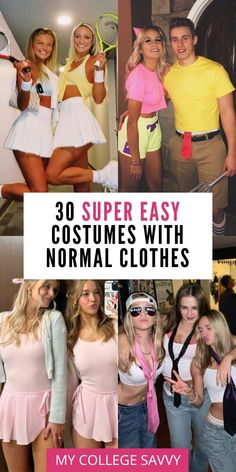 some people are dressed up in costumes and posing for the camera with text overlay that reads 30 super easy costumes with normal clothes