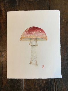 a watercolor painting of a mushroom sitting on top of a piece of white paper