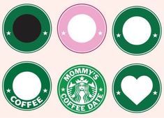 four different types of coffee badges on a pink and green background, with the words mommy's coffee date written in white