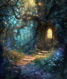 an image of a forest scene with a door in the trees and flowers on the ground