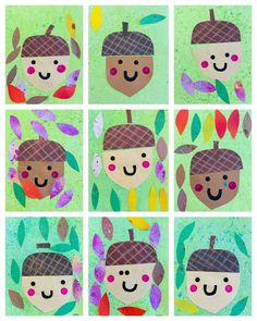 four different pictures of children's faces with leaves and flowers on them, one has an acorn