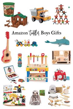 an assortment of toys for boys with the words amazon holiday gifts on top of it