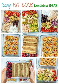 there are many different types of food in the plastic trays on this table, including sandwiches and salads