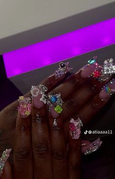 Dramatic Nail Sets, Black Nail Designs Birthday, Junk Duck Nails Long, Big Nail Charms, Kurt Geiger Nails, Duck Nails Junk Nail, X Long Nails, Nails For 17 Birthday, Short Square Junk Nails