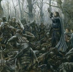 a painting of many people in the woods with one person pointing to something on his head