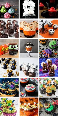 a collage of halloween themed cupcakes and cakes