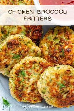 chicken broccoli fritters on a plate with ketchup