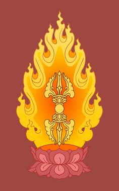 an ornate design on a red background with yellow and pink flames in the shape of a flower