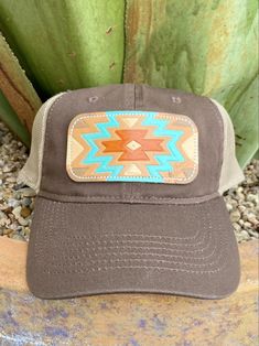 Ladies Tooled Leather Patch Cap in Brown/Tan/Turquoise - CAP14AZTECBW - Blair's Western Wear Marble Falls, TX Ladies Cap, Wrangler Cowboy Cut, Handmade Boot, Steel Toe Work Boots, Rose Boutique, Aztec Design, Hand Painted Leather, Aztec Designs, Mesh Cap