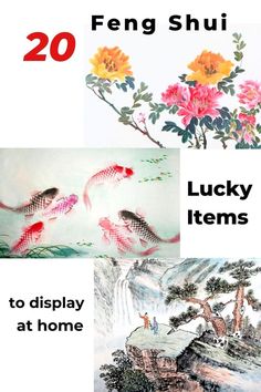 two pictures with flowers and fish in them, one is for lucky items to display at home