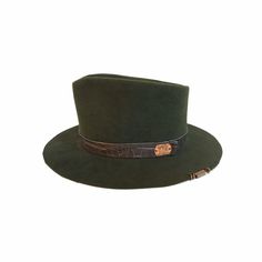 Handmade fur felt hat with custom logo plate and brim detail Size: 59cm Green Fur, Hat Storage, Travel Hat, Felt Fedora, Hat Box, Handmade Hat, Concert Tshirts, Copper Rings, Felt Hat