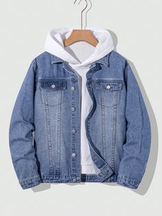 Teen Boy Fashion Casual Foundational Vintage Blue Baggy Denim Long-Sleeved Jacket For Dailywear And Fall Clothes Blue   Long Sleeve Denim Plain Other Non-Stretch  Teen Boys Clothing, size features are:Bust: ,Length: ,Sleeve Length: Teen Boys Style, Boys Denim Jacket, Denim Jacket Fashion, Teen Boy Outfits, Boys Style, Baggy Denim, Boys Denim, Estilo Hip Hop