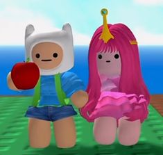 a cartoon character holding an apple next to a doll