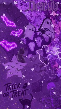 a purple background with stars and bats