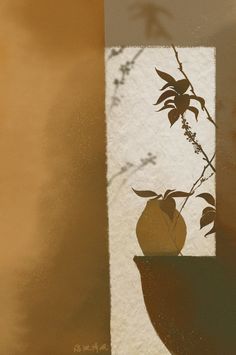 a vase with a plant in it sitting on a window sill next to a wall