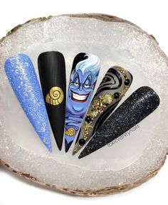 Ursula Inspired Nails, Ursula Nails Disney, Ursula Nail Art, Long Nails With Rhinestones, Nails With Drawings, Ursula Nails, Matte Manicure, Acrylic Nail Designs Classy