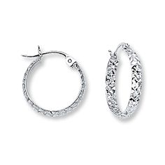 Hoops crafted of 14K white gold are textured with an eye-catching diamond-cut pattern in these earrings for her. The earrings secure with hinged backs. Accessories Jewelry Earrings, Summer Jewelry, White Metal, Earring Backs, Designer Earrings, Ear Piercings, Fashion Earrings, Diamond Jewelry, Gemstone Jewelry