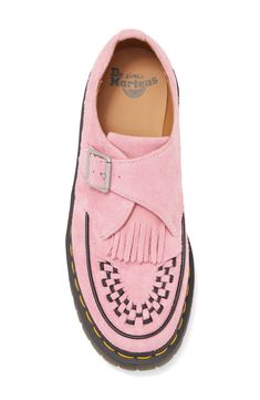 A fringed kiltie vamp and woven detailing at the toe bring heritage details to a pink-suede monk shoe trimmed with the brand's iconic yellow topstitching. 2" heel; 1 1/2" platform (size 5) Adjustable one-buckle monk strap Leather upper/leather and textile lining/synthetic sole Imported Womens Pink Outfits, Cute Walking Shoes For Travel, Pink Ladies Outfit, Fondant Pink, Suede Creepers, Bold Shoes, Stylish Work Attire, Shoe Women